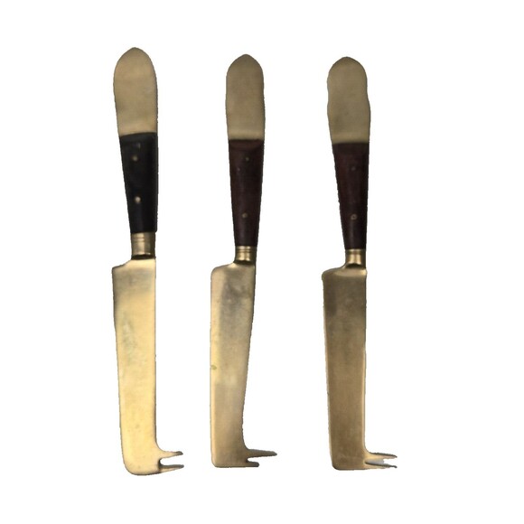 3 Vintage Pronged Cheese Knives Buddha Bronze Brass Rosewood Siam Thailand 6” - Picture 3 of 7